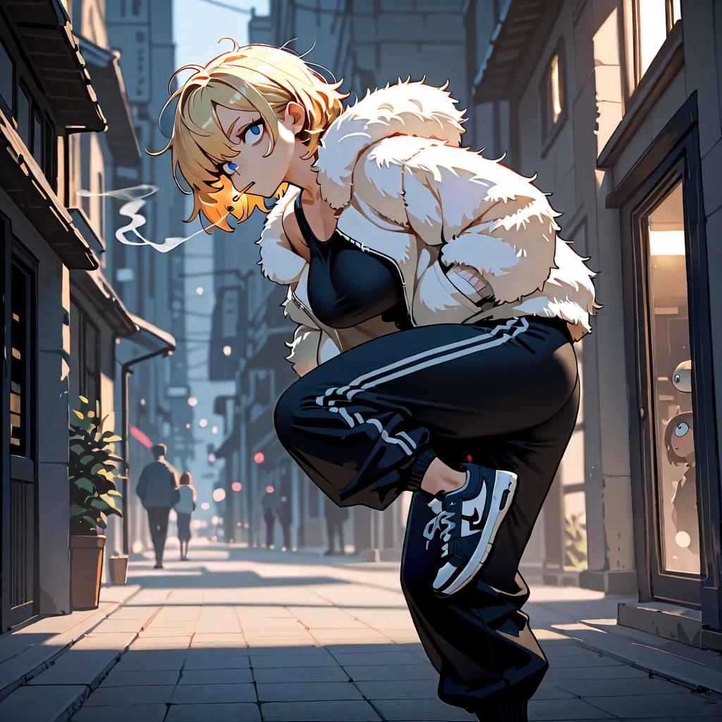 hanging eye, cigarette, smoking, smoke, blonde hair, blue eyes, short hair, breasts, ((ウルフカット)), loose fit, 24 years old, グラマー, messy hair, Sanpaku, large size sweatshirt, Walking, fur jacket, baggy pants, ((Delivering a low kick)), masterpiece, UHD, anato...