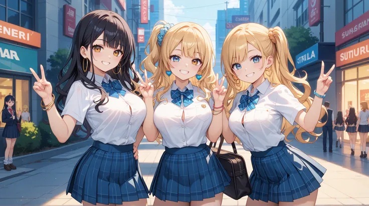 masterpiece, best quality, highly detailed, ultra high resolution, finely crafted, exquisitely detailed,  
Japanese Gal Style, Heisei-era gal, three girls standing together, smiling brightly, making playful **"gyaru peace" (double peace sign)** gestures,  ...