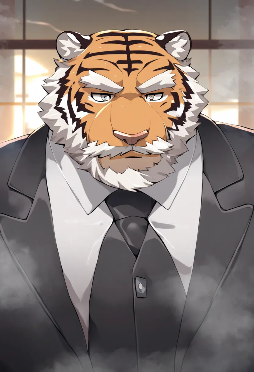 tiger，personification，Mature male，Strong Man，Thick beard，Cold expression，Gray pupils，Brown eyebrows，Black suit suit，The Age of Steam，Hospital Office。