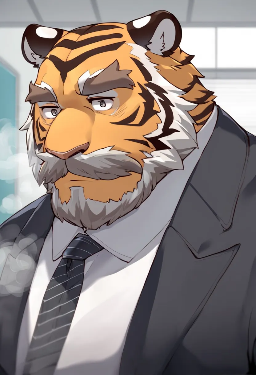 tiger，personification，Mature male，Strong Man，Thick beard，Cold expression，Gray pupils，Brown eyebrows，Black suit suit，The Age of Steam，Hospital Office。