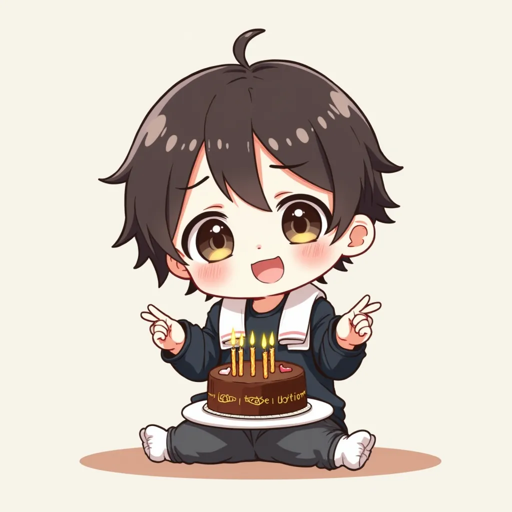 Anime, cartoon,Chibi Figure , 1 age boy,Dark brown hair with a middle part on the forehead, Wolf-cut Korean hair style,white-pink skin, put on a black long-sleeved shirt with arms slightly raised.,, carry the handle of a cake plate with chocolate cake,Gold...