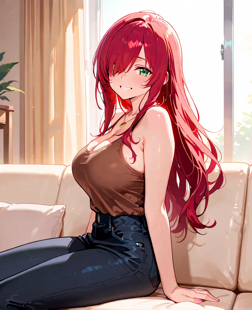 ((Masterpiece, amazing quality, amazing definition, hyper-detailed, 2.5D)), semi-realistic, anime, OC, long hair, iridescent red hair, emerald green eyes, hair over one eye, straight and slightly wavy, lustrous hair, luscious hair, golden necklace, (alluri...