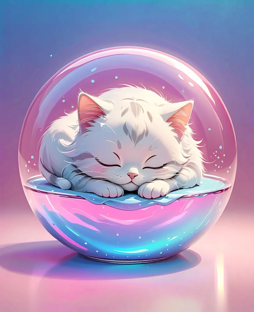 cute sleeping kitty, Hard, side, smooth glass thickness, Transparent, pink、White、blue and silver holographic, smooth color background, Cinematic lighting,Rendering,  8,000