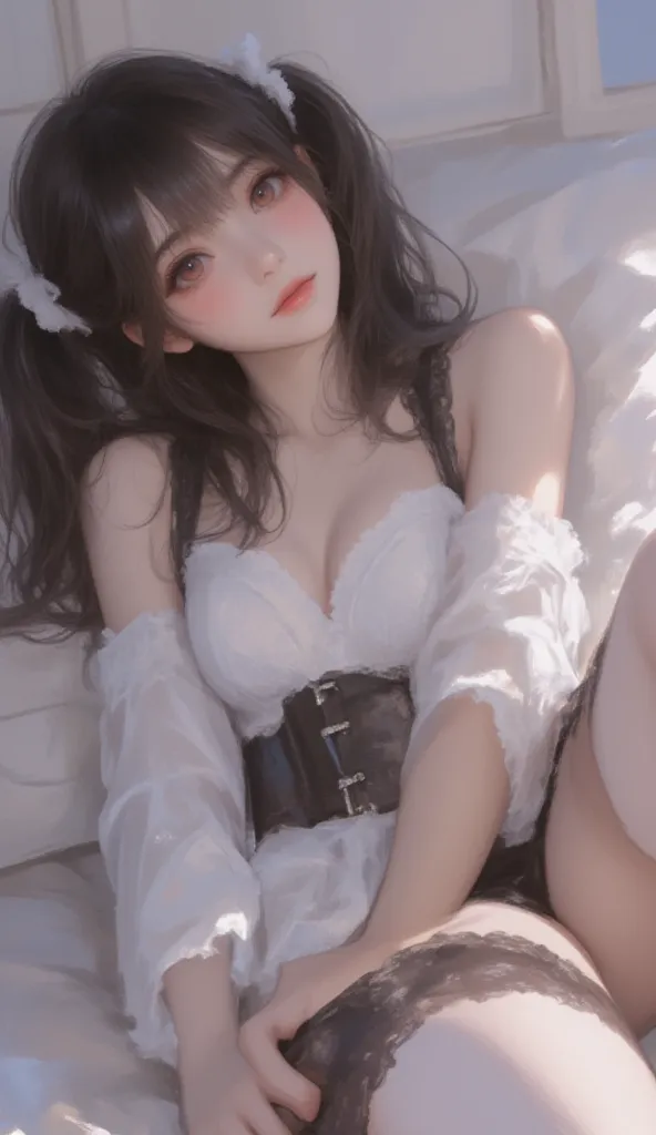  1 girl,  Attaches to the sideまっすぐで非常に長い髪,  Twin Tails,               black hair, Bangs, garter belt、Red Eyes、  miniskirt、    thighs、 おteeth、mature、Chest circumference for men with white knees、    thighs、 ribbon、     frills,Big Breasts、handcuffs、 Attaches ...