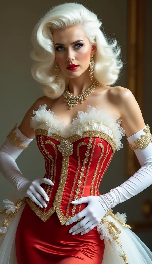 An elegant and sophisticated woman with fair skin and well-groomed white hair, in a classic and glamorous hairstyle. She wears a costume inspired by cabaret, Combining the colors white red and gold. The costume is luxurious, with details such as lace, gold...