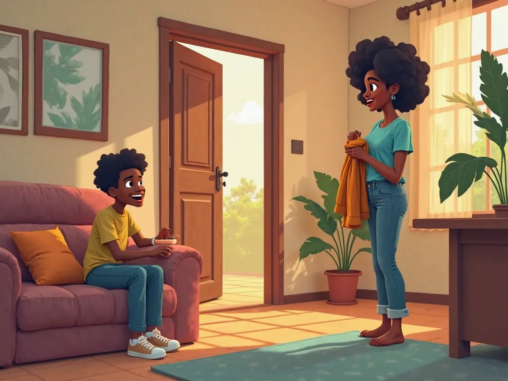 Cartoon scene of a cozy living room with an African woman of a youthful age who just entered and nervously standing near the door holding her jacket while a young African guy smiles warmly from the couch