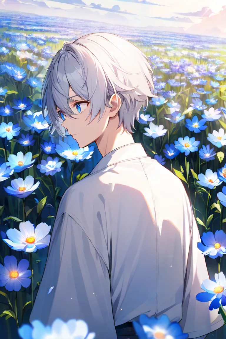 Boy with silver hair and with one blue eye and the other a sharingan looking at the sky and in the background a field of flowers 