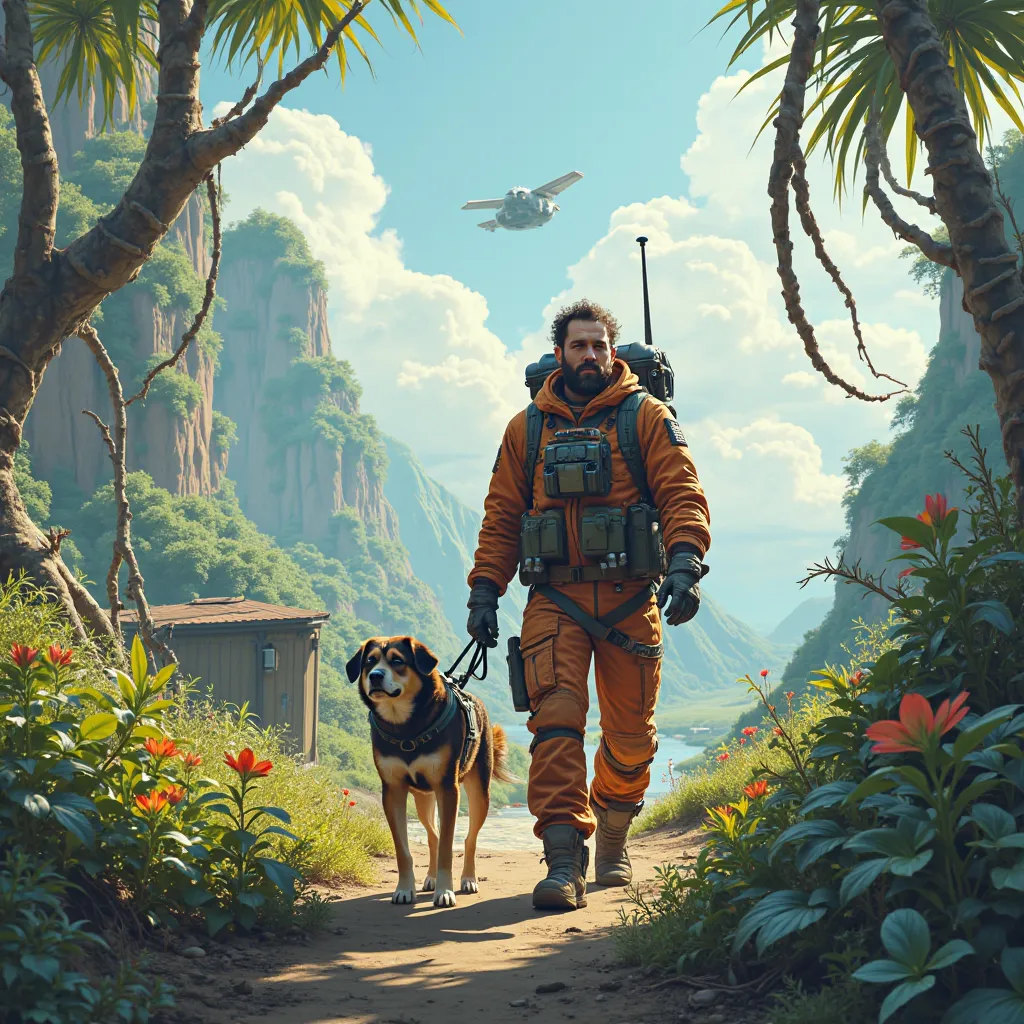 man with his dog on a distant planet with lots of vegetation and a shelter and his spaceship