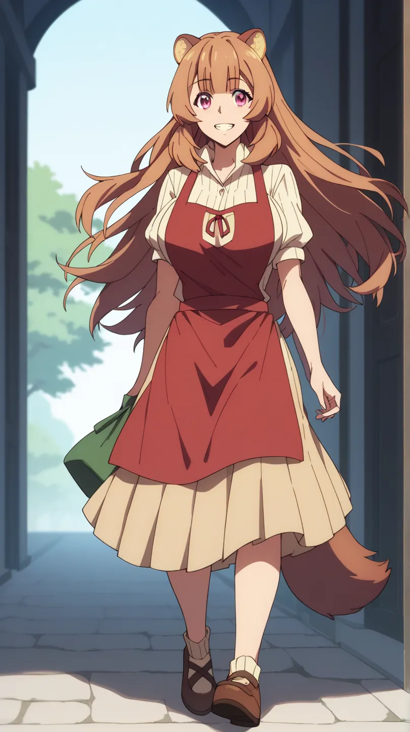 raphtalia,  orange fur  , red eyes, animal ears,  smile,  large breast apron,  She is walking ,  loose hair, full body foot skirt 
