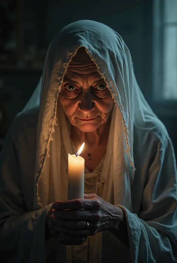 "An eerie old woman with a haunting expression, wearing a tattered white veil, holding a flickering candle in a dimly lit room. The atmosphere is dark and mysterious, with shadows playing on the walls. Her eyes are wide and unsettling, adding to the ghostl...