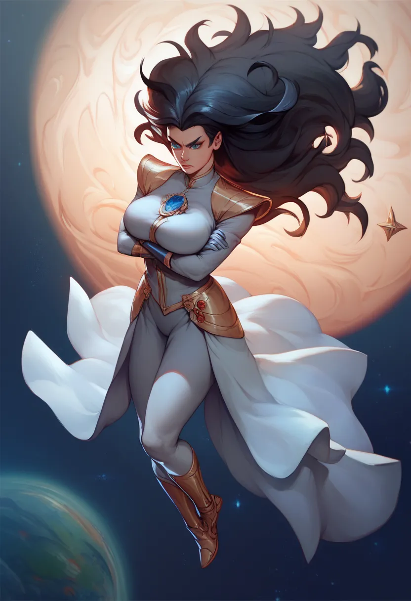 1female, masterpiece, high detail, black hair, spikey hair, long hair, space background, big breast, , flying, cowboy shot , serious look, arms crossed , viltrumite clothing, blue eyes, white and grey full body suit