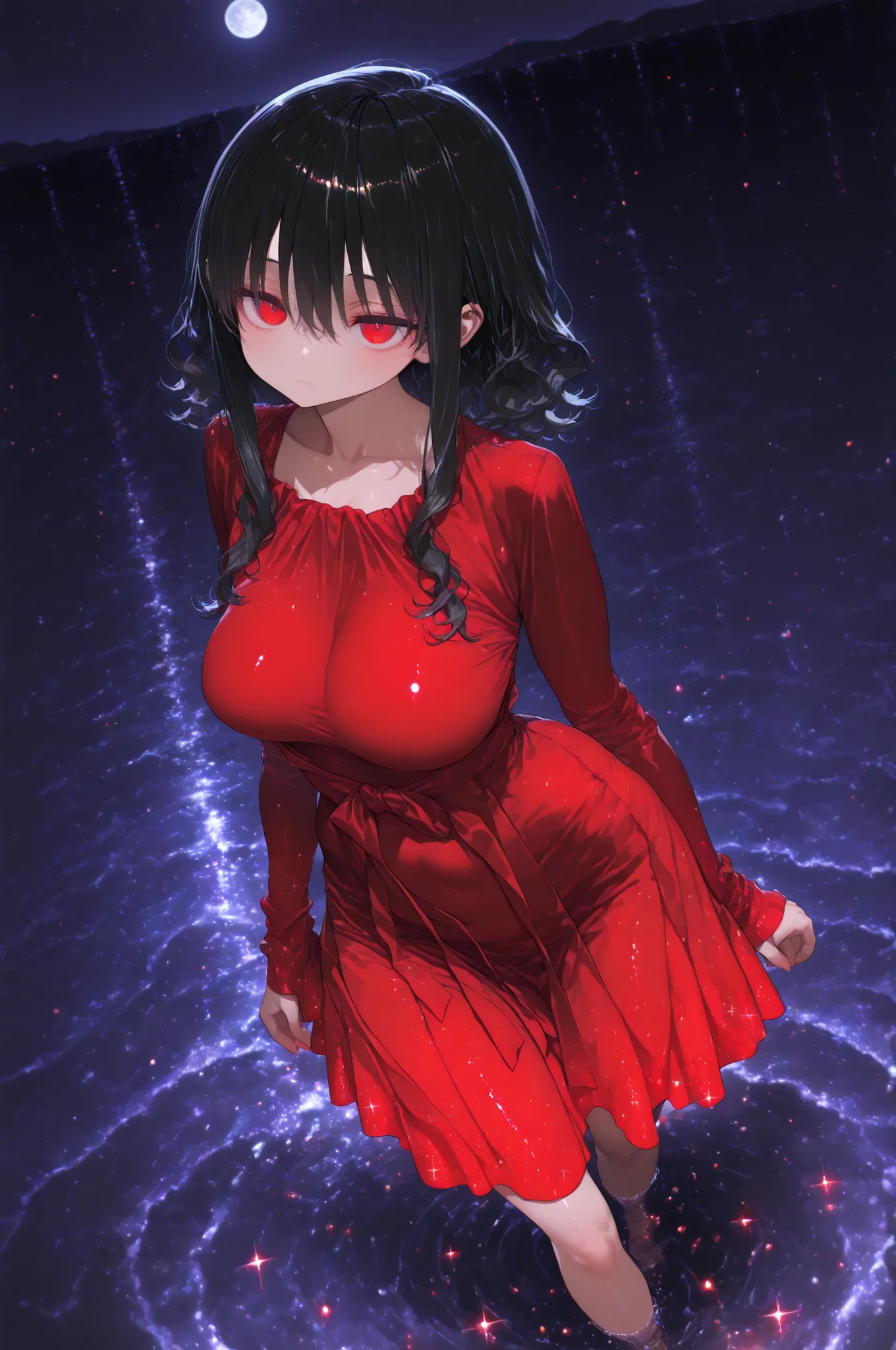 masterpiece, best quality, absurdres, safe, very wide shot, full-body, dynamic angle, glittering, sparkle,
1girl, Kuroki Monika, red eyes, asymmetrical hairline, very long sidelocks, black hair, medium hair, wavy hair, large breasts, (petite but curvy), re...