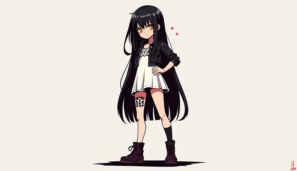 full body view, 2d game character, girl, face, beauty face, long hair, perfect body, , correct humans anatomy, short white dress, clothes, black leather jacket, grinders,  black metal logo tattoo, 
platformer game character, only side view, no deep field, ...