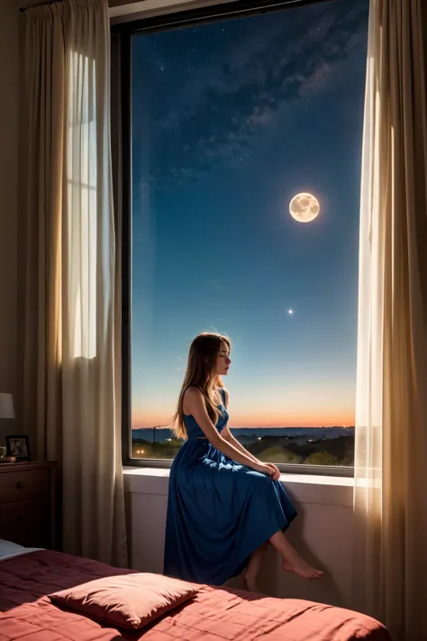 Beautiful 16-year-old girl dressed in blue, Girl sitting on her bed near her bedroom window, with the window open watching the moonrise. A romantic scene for a music video clip.