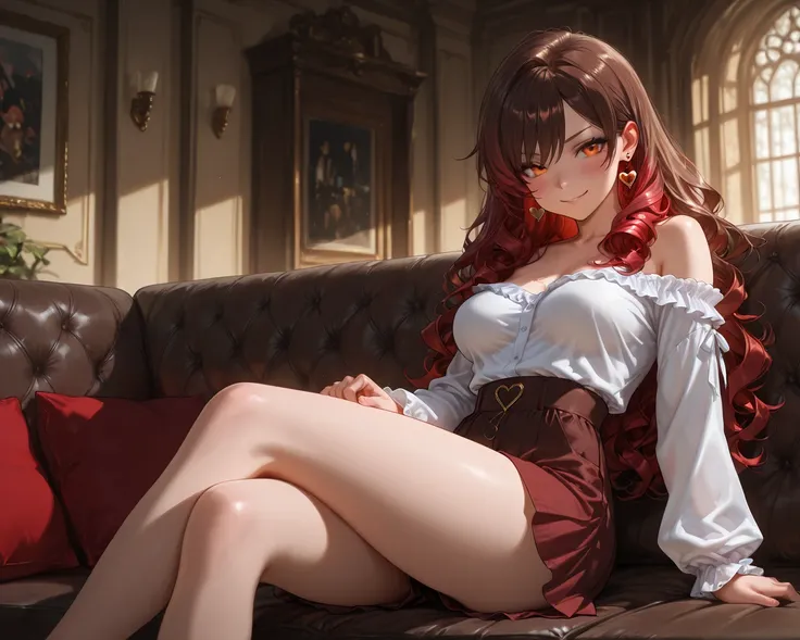 ((solo)), very cute face, very cute girl, ((brown hair with red hair ends)), wavy hair, long hair, orange eyes, medium breasts, heart earring, off shoulder, blouse, strap, Culottes, nihilistic smile, blush, indoors, living, couch, sitting, crossed legs, am...