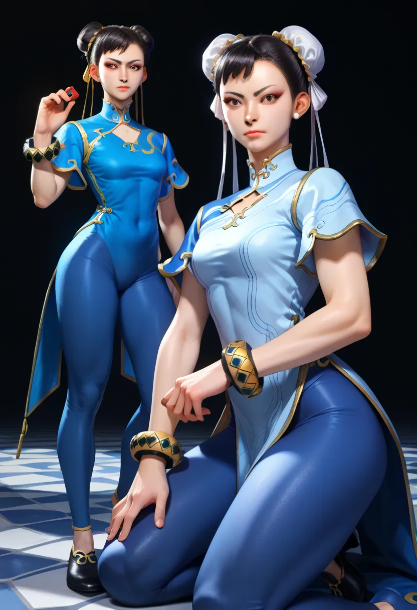 looking at the viewer, black hair,  dress, brown eyes, jewelry, toys, pants, hair bun,  black shoes, bracelet, double bun, Chinese clothes, china  dress, blue pants, Tight, leggings, Tight pants, Floors , Battle style, photographic thought
