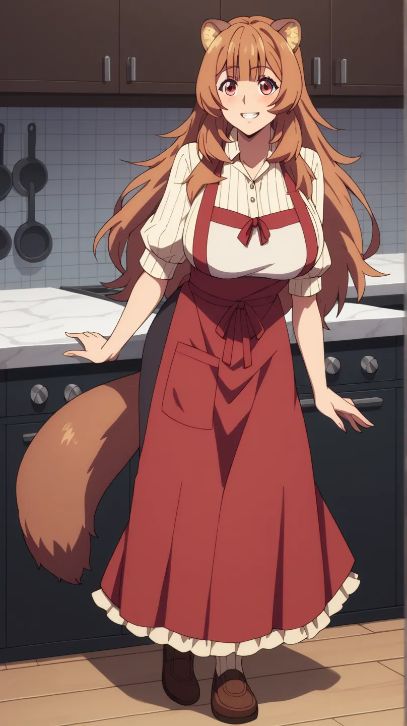 raphtalia,  orange fur  , red eyes, animal ears,  smile,  large breast apron,  tilted forward,  loose hair, full body foot skirt,  blushed, tight clothing, cara  blushed 