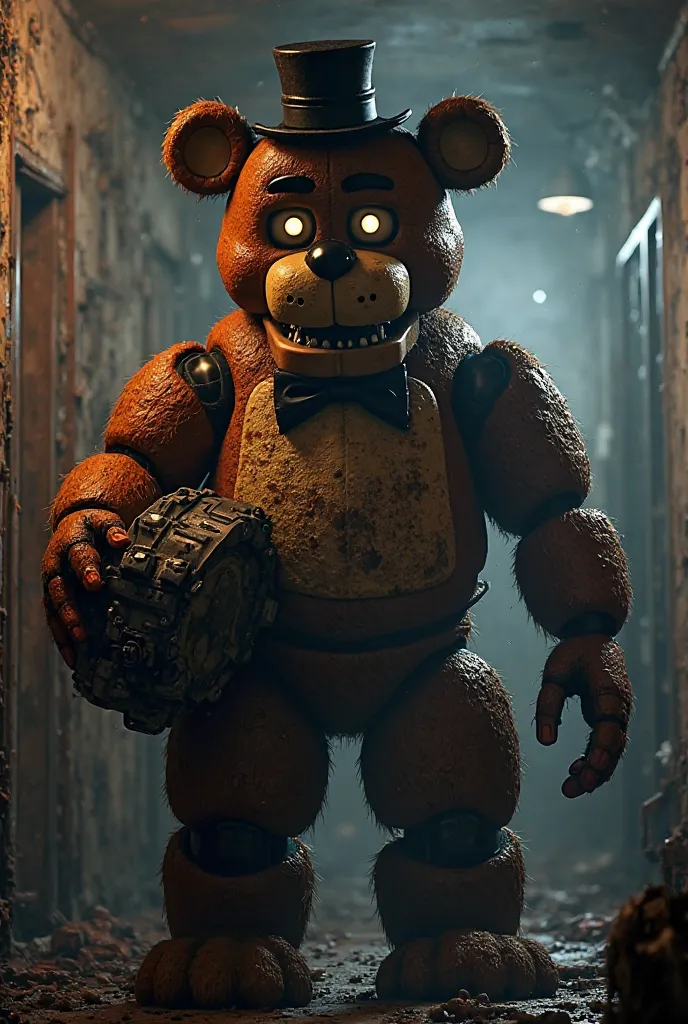 Make an image of Freddy Fazbear 
Holding the crushing machine