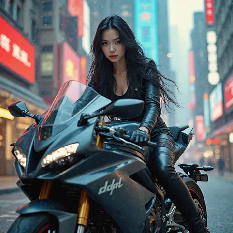 Une fille magnifique chinoise sur une moto de sport. Avec inscription "Ddd" sur la moto