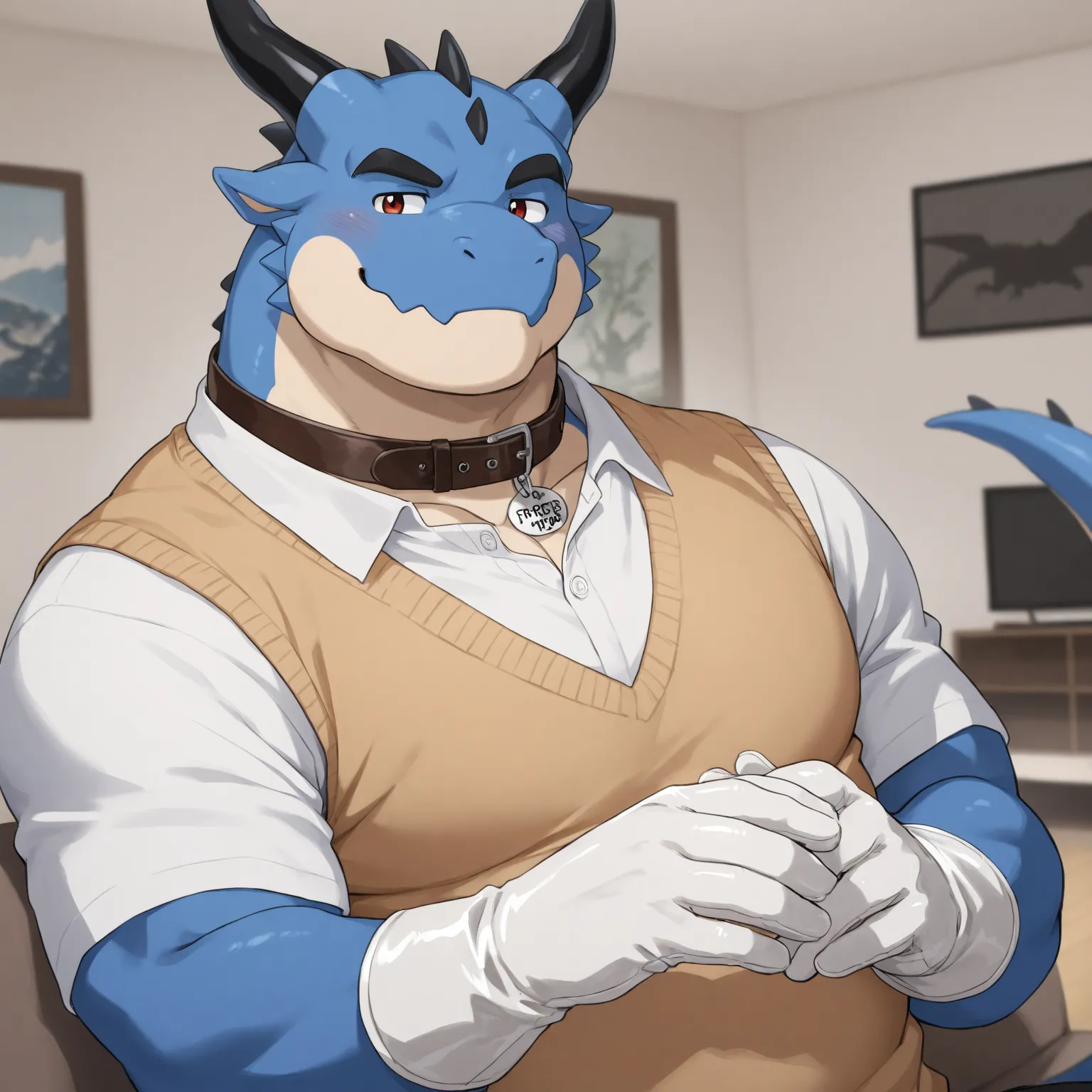 High Quality, Male, Dragon, Anthro(Dragon),Chubby,(Black eyebrows:1.1),(Perfect eyes),Smooth Skin，（artist:Takemoto Arashi），Living Room background，claw，（Sweater-vest:1.3）。Wearing a Leather collar around his neck. Wearing fancy white gloves on his hands, fan...