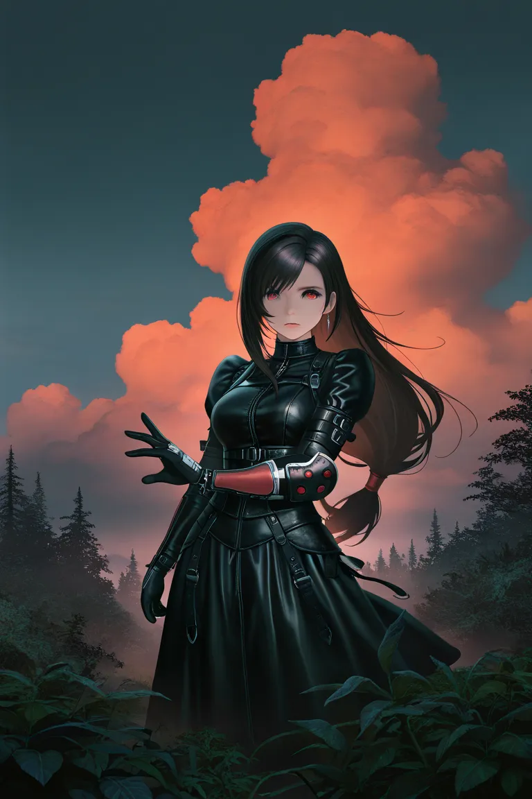 masterpiece,best quality,amazing quality,very aesthetic,1girl,tifa lockheart,highly detailed facial features,intense gaze,resting expression,long dark hair,black leather outfit,cross-arm pose,dramatic lighting,cinematic environment,fantasy landscape,lush v...