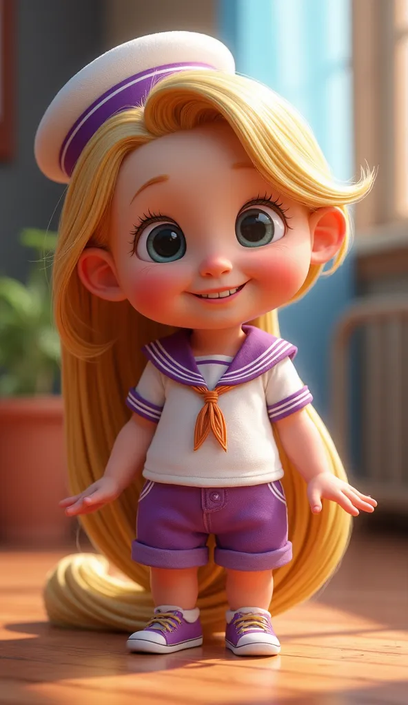 Disney Pixar style character Rapunzel baby ponytail in her hair wearing a sailor costume