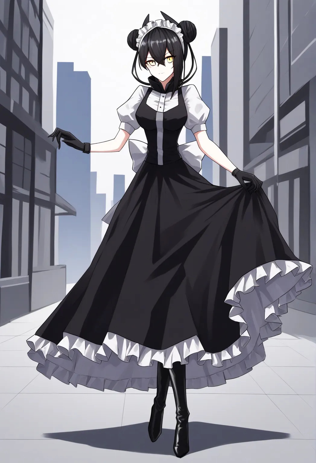 agent \(girls' frontline\), gloves, long skirt, 1girl, Solo, AgentNormal,double bun,maid,sangvis ferri,yellow eyes, black hair, city, black heel boots, walking