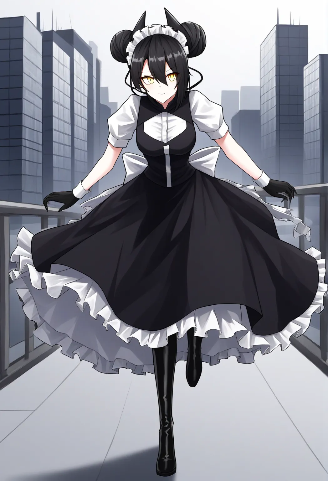 agent \(girls' frontline\), gloves, long skirt, 1girl, Solo, AgentNormal,double bun,maid,sangvis ferri,yellow eyes, black hair, city, black heel boots, running 