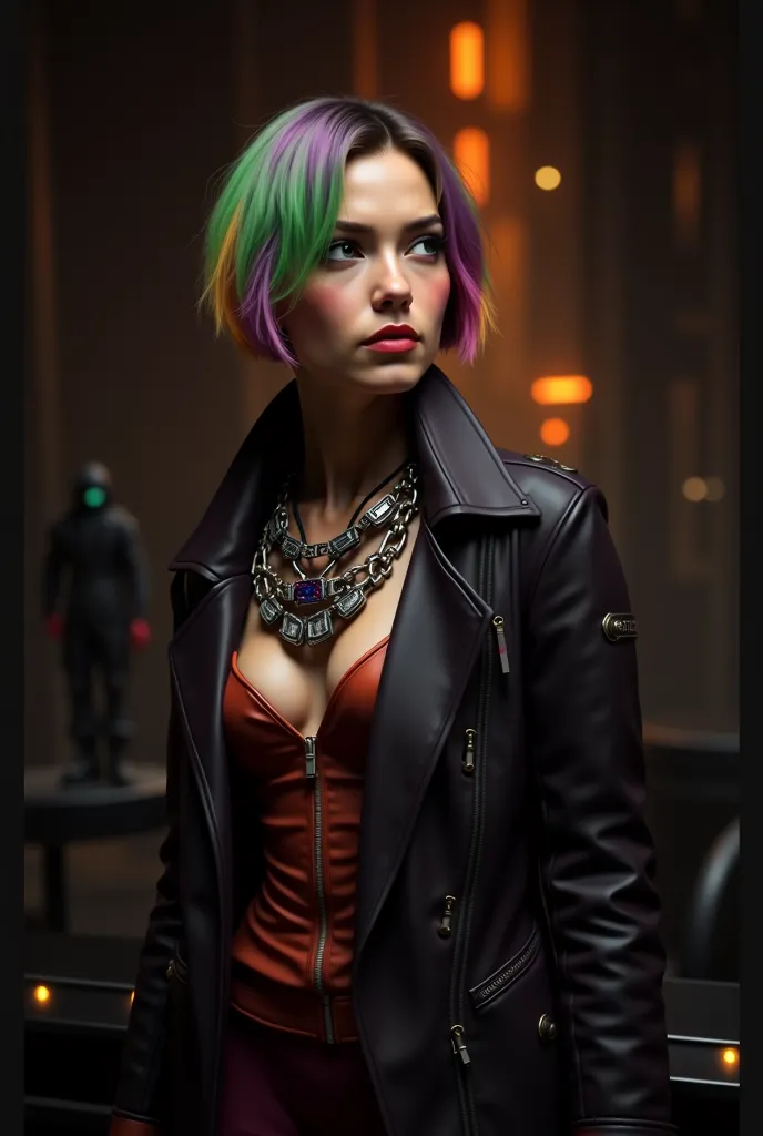  seins, ,   Borderlands videos games univers  , assassins creed univers, collier, , vert, Violet, orange, cheveux courts, aspects réels photo, Luis Royo art work picture, in a cyberpunk background,