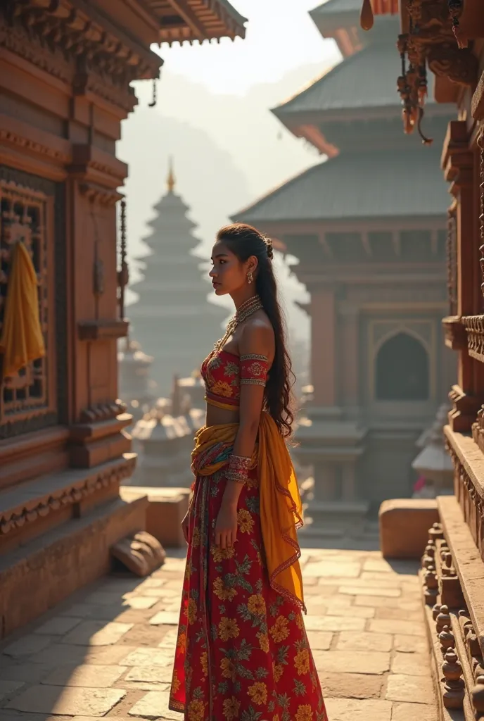 Newar girl in traditional dress in Kathmandu temples in sunlight 