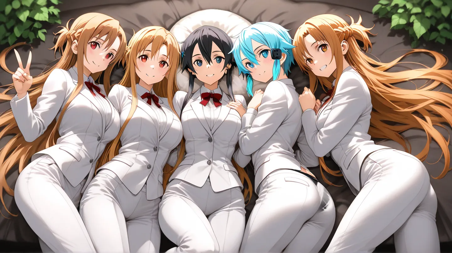  masterpiece, top quality, details, 8k, 4K, High Resolution、Group Shot,multiple women,  Lots of Women 、(Asuna from Sword Art Online  )and, (Shinon from Sword Art Online)and、(Leaf from Sword Art Online  )and, (Yui from Sword Art Online)and、curved on the fac...