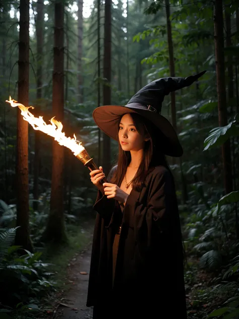 A witch holds a wooden torch in the middle of a thick dark forest 