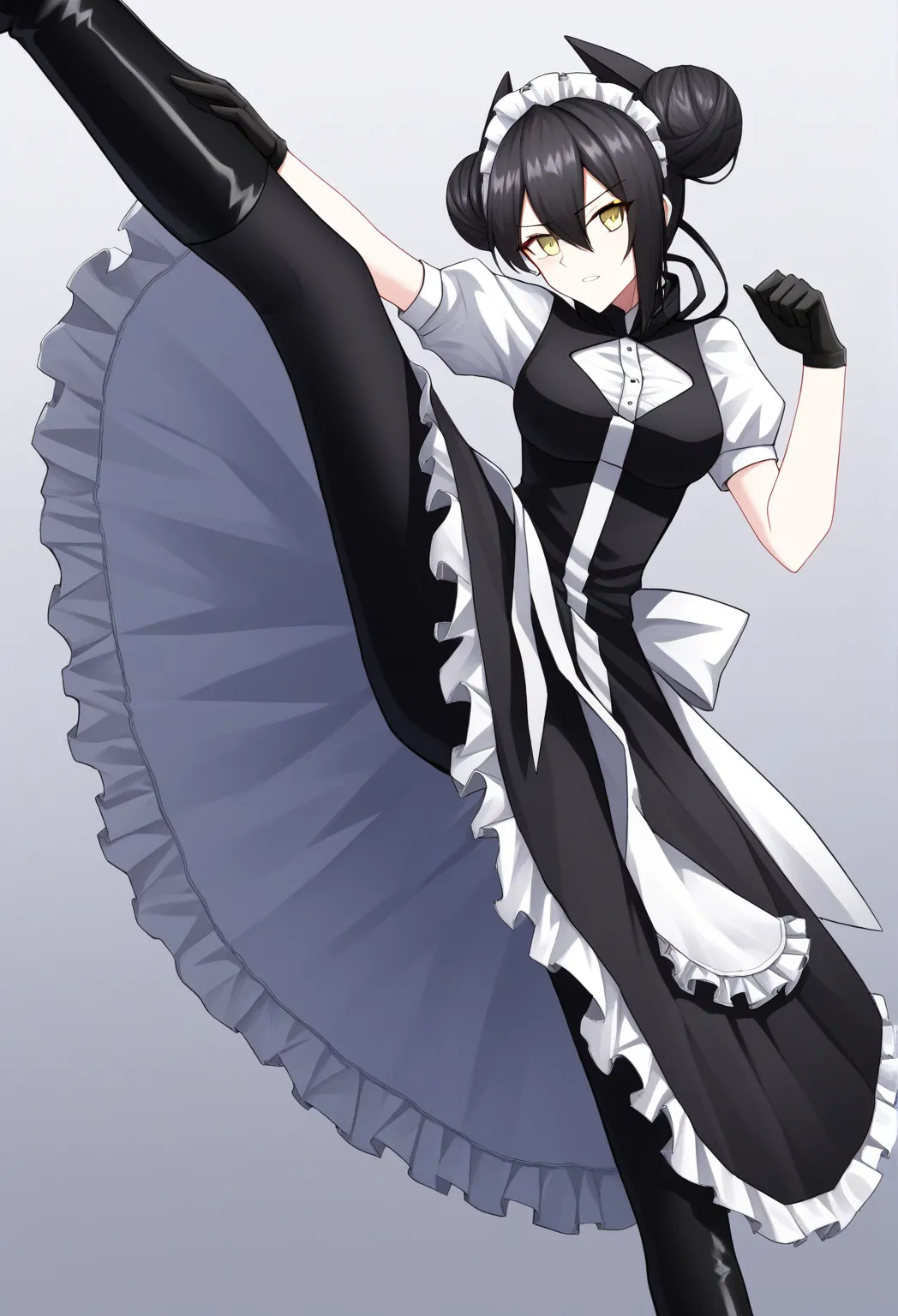 agent \(girls' frontline\), gloves, long skirt, 1girl, Solo, AgentNormal,double bun,maid,sangvis ferri,yellow eyes, black hair, black heel boots, high kick