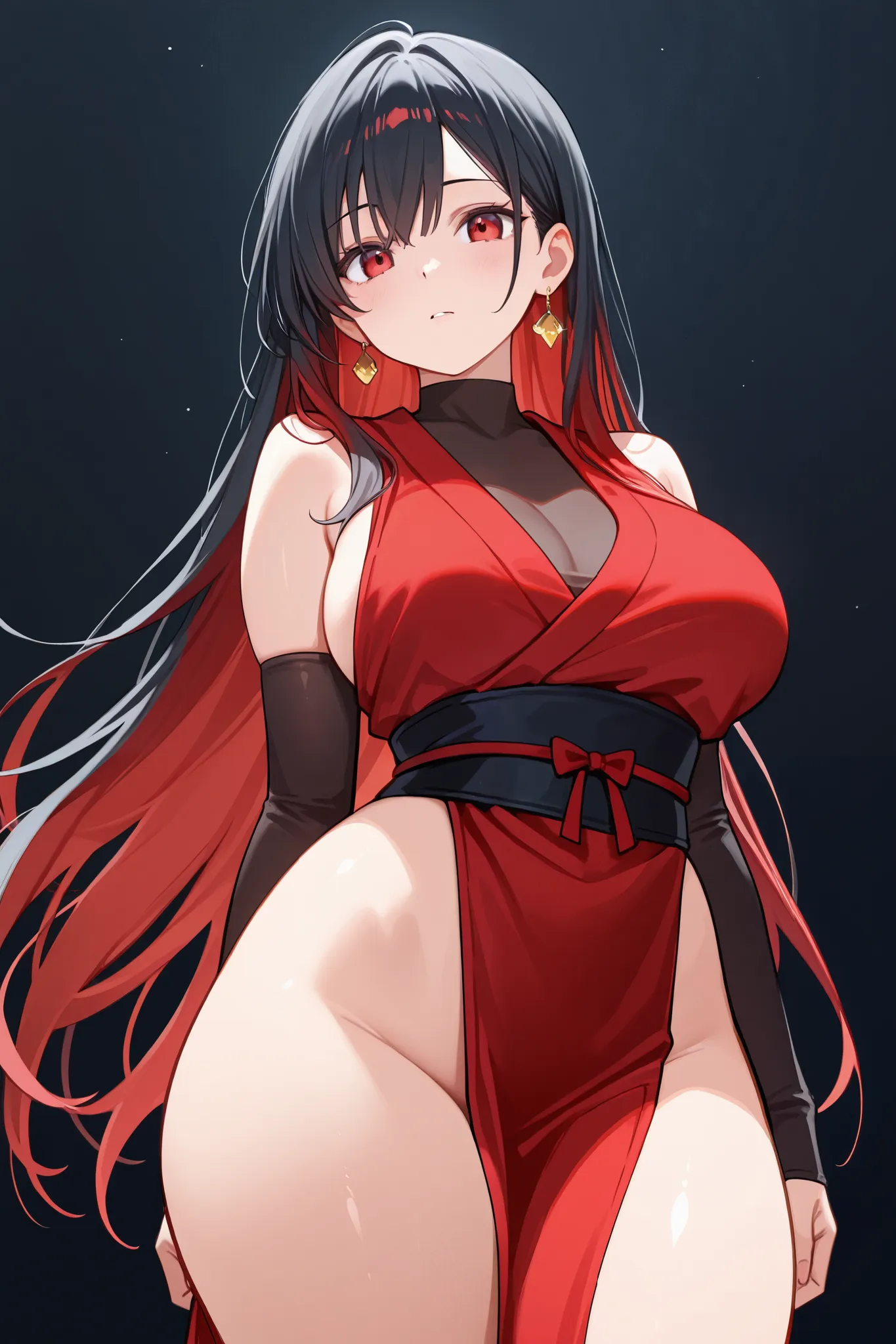 1 girl, Hair length reaches the back, Black hair with some red hair on the edges., red eyes, but not bright, curvy body, wear a sexy kunoichi outfit, หน้าอกไซส์ปานกลาง, have a golden earrings