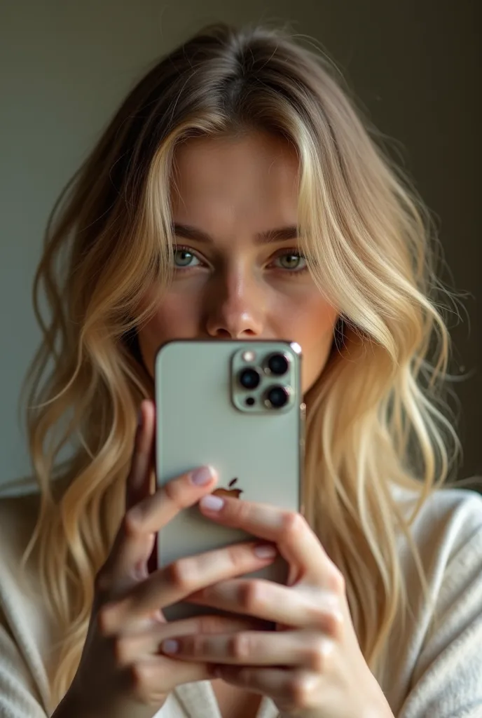 create an image of a beautiful blonde girl who shows little of her face, taking a mirror photo with your iPhone 15 