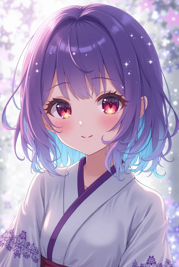 Create a girl with purple hair with light blue tips, with burgundy eyes, with shiny stars, with a white haori with purple tips on the tips of her sleeves with a tender look, shy and cheerful