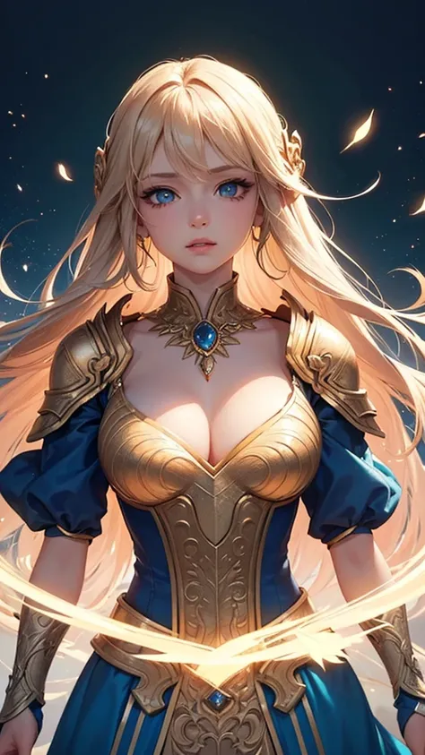 anime-style illustration, En Morikura style, beautiful female warrior, long wavy golden-blonde hair, sapphire blue eyes, royal blue and gold dress, intricate embroidery, delicate lace, legendary necklace Brísingamen, glowing golden aura, majestic armored c...