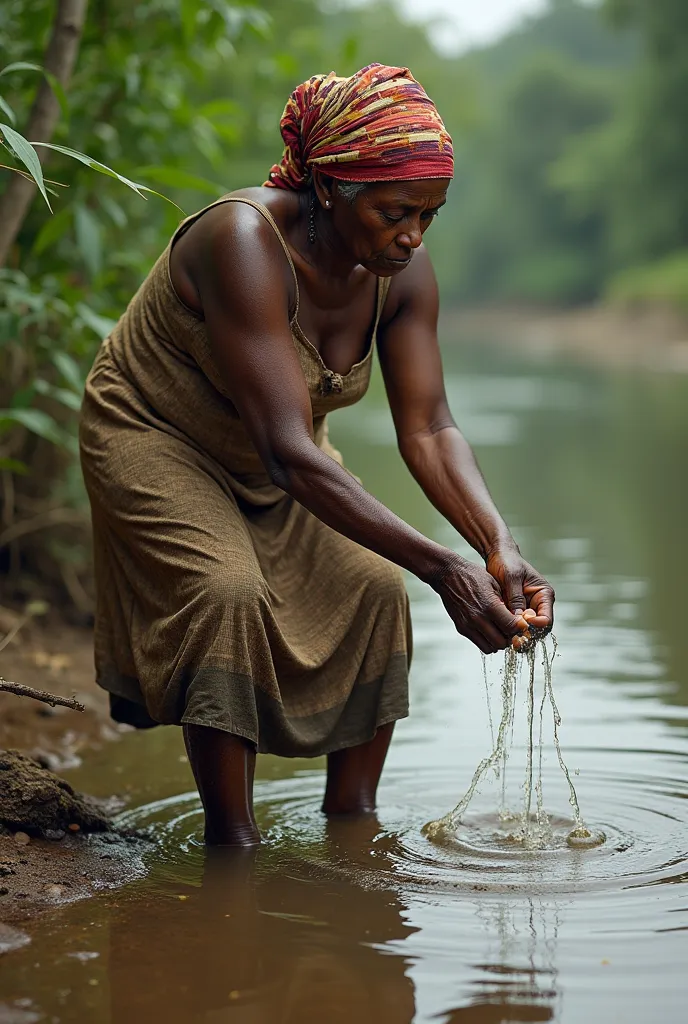 Generate a drawing of an older Bahian woman working and washing clothes in the river