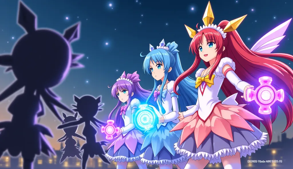 A group of three mahou shoujos (magical girls), approximately , in a nighttime urban setting. They are positioned dynamically on one side of the image, as if preparing for battle, surrounded by vibrant magical glows and effects. Each girl has a unique outf...