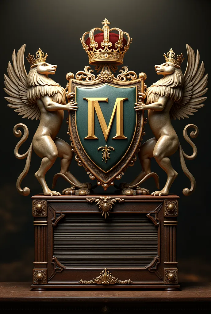 Create a coat of arms for a group called Five Minds, enter that name is the initials FM, Also play a vintage radio 