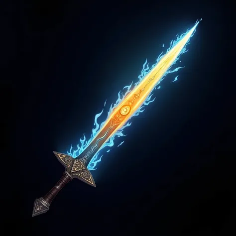 A magical Flaming sword, flame color is a mix of blue and yellow, pointed diagonally upwards, intricate markings on themetal 