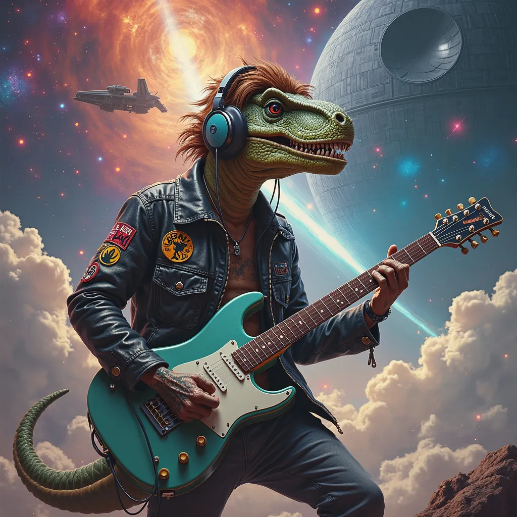 Seal Clan Image Description:
Imagine a character with a unique style, that merges rock rebellion with cosmic and science-fiction elements. Their look evokes the aesthetics of 80's, 90's and up to the spirit of the 1920s, rock bands with a leather jacket ad...