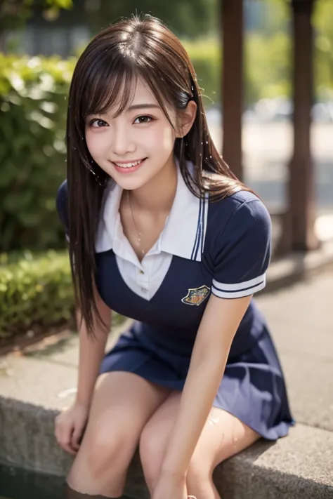 (8k), ( top quality : 1.2), ( realistic), ( Photorealistic : 1.37),  Ultra Fine,  1 girl,  cute, smile,   closed mouth ,  beautiful detail, Beautiful Nose,  full body,  wet hair, Giant Dalcefo, pork,  school uniform,  thighs  