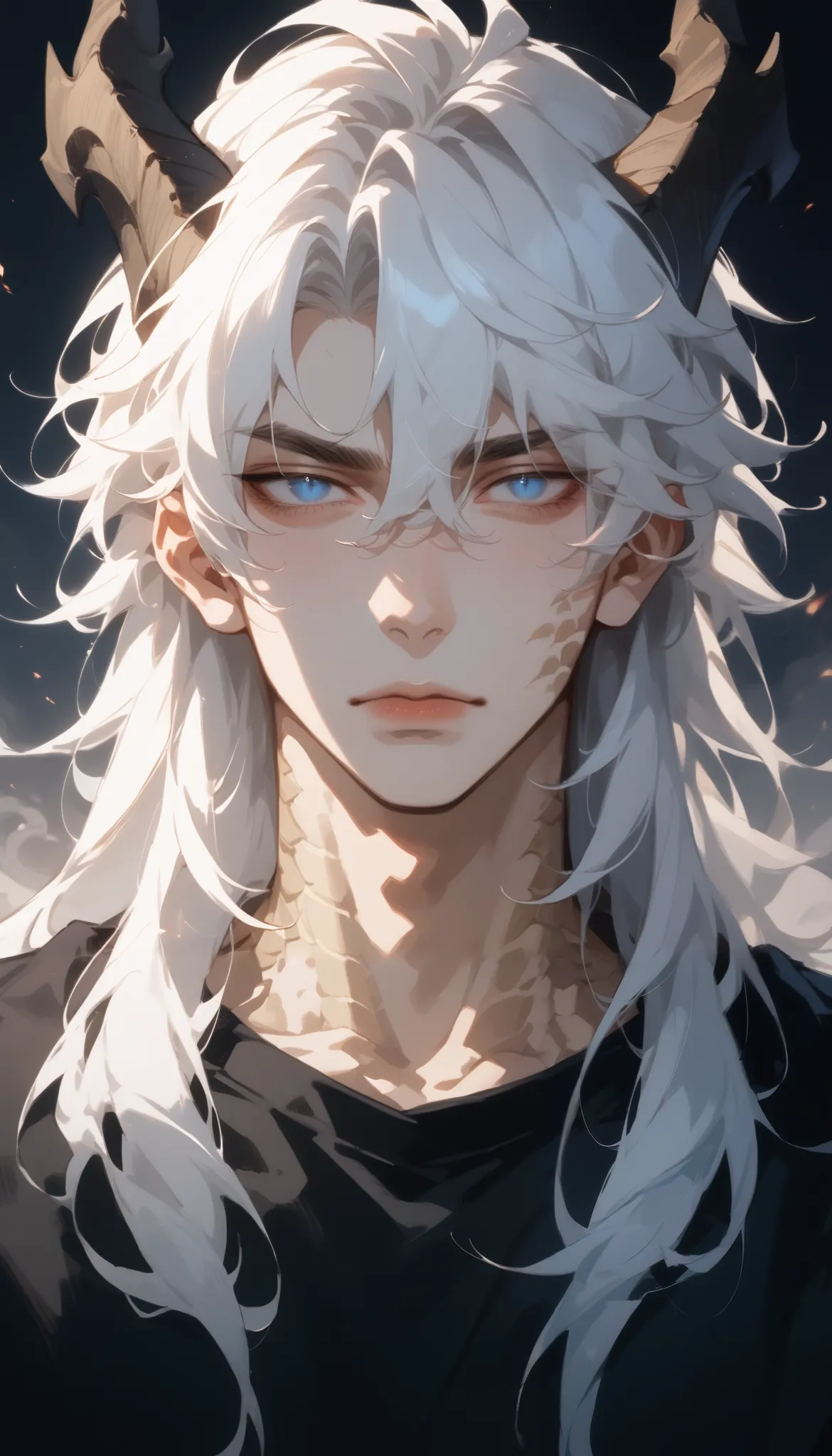 (score_9, score_8_ up), score_7_ dark atmosphere, Adult male,  white hair,  fluent language  ,  one boy ,  blue eyes,  No Emotion , male concentrated, concentrated, Chest,  flameout , reality , Bust ,  sexy boy ,  bangs over eyes  ,  shirt、Downcast eyes、dr...