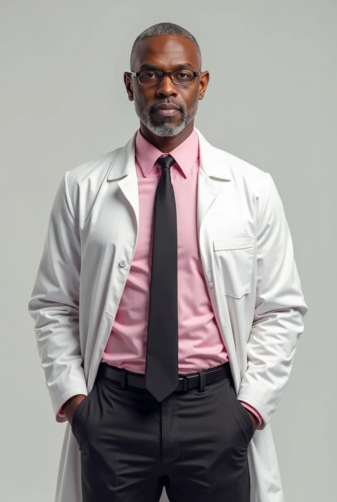 A black man with a scientist's coat with a pink shirt and a black tie inside