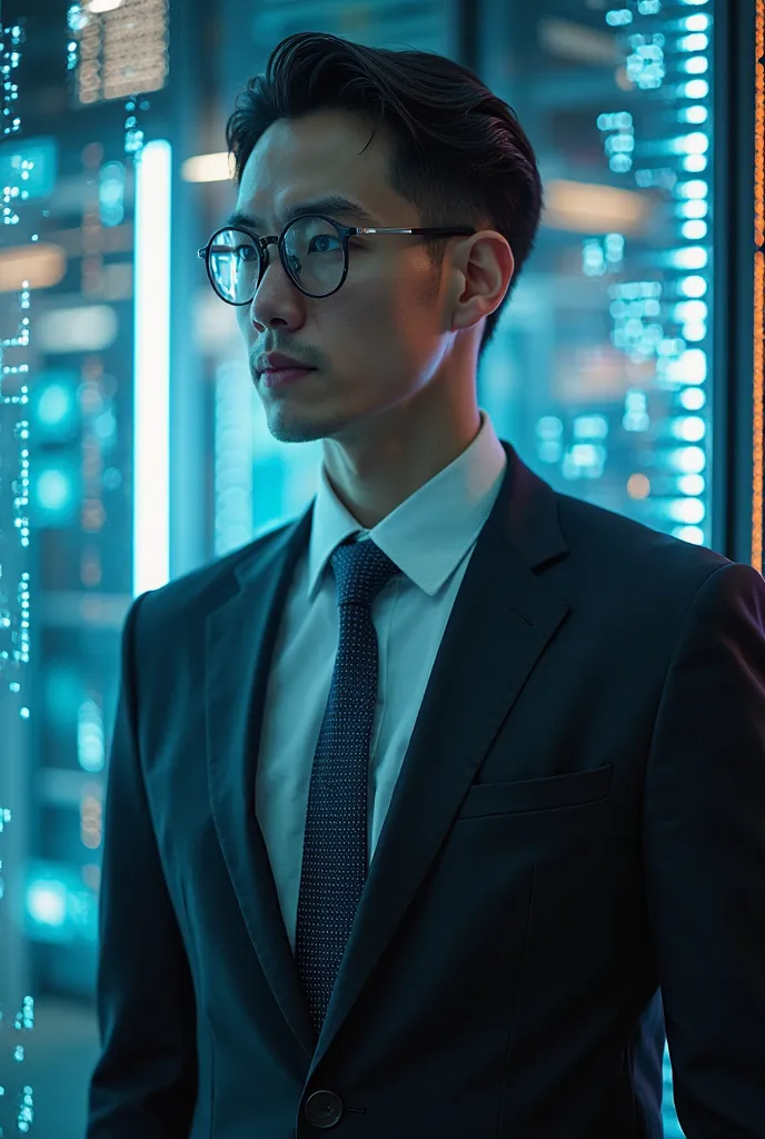 arafed man in suit and tie standing in front of a glass wall, ai researcher, christopher cao, portrait of a cyberpunk man, andrew thomas huang, cyborg in the data center, medium shot portrait, wearing a suit and glasses, altered carbon style, cyber suit, p...