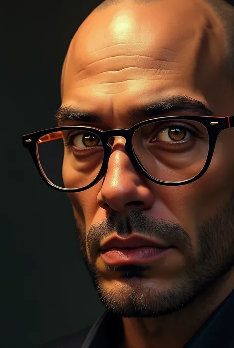 Close-up of an improved masterpiece:1.5)0.9], (Mister pelón: 1.6)  (Coffee color in his eyes:1.0) (A radiant shine:1.1)  (Mister:2.3) (with glasses: 0.32)