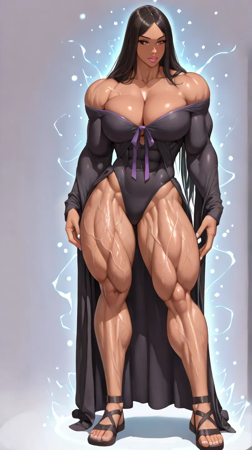 ((((Full body view)))), (masterpiece), ( best quality) ( muscular: 1.6),  , (veiny vascular body: 1.8), she is very muscular and beautiful, massive bulging musculature, she wears ((long magical sorceress robes)), she flexes her mighty muscles, ((beautiful ...