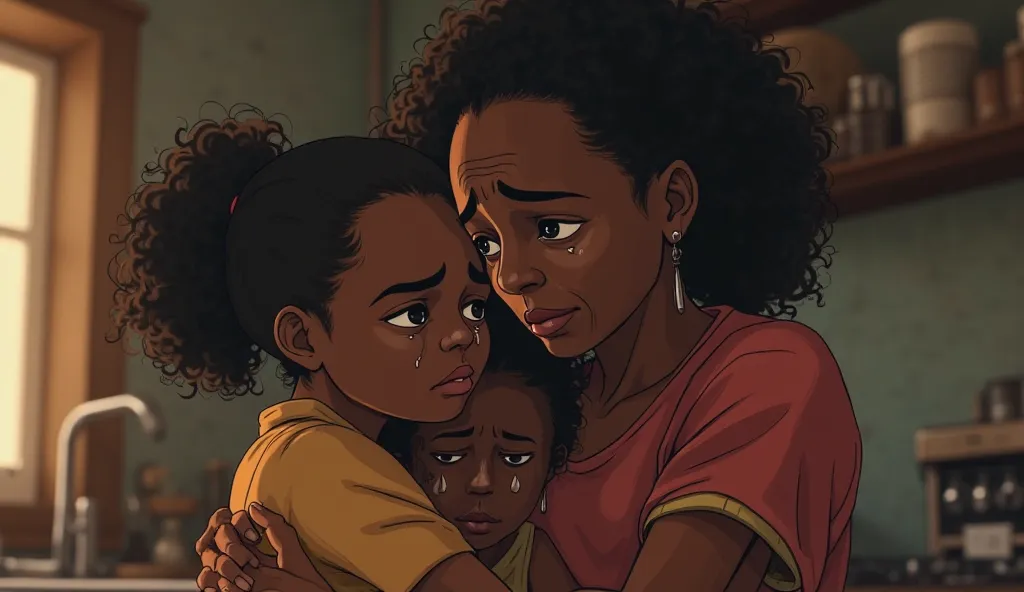 Tears filled the African mother eyes  in the kitchen as she hugged her two young daughters. Animated 