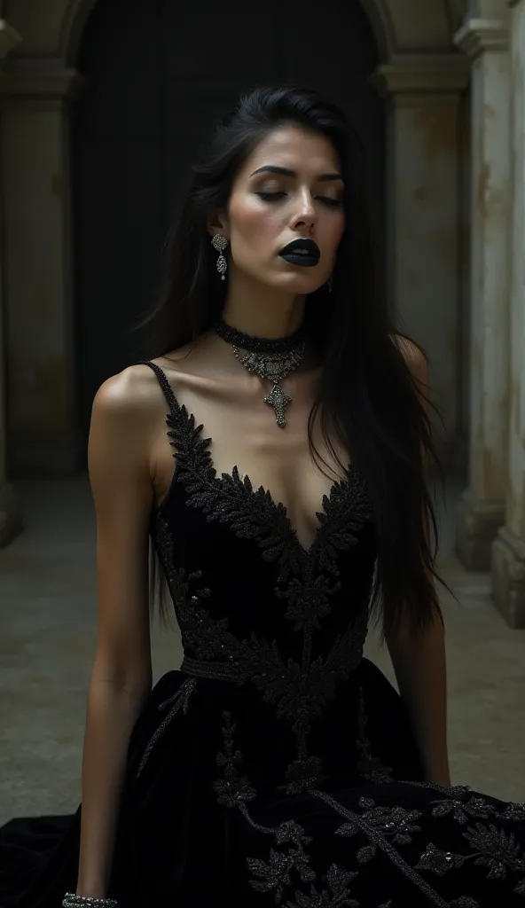 A beautiful woman to take your breath away, closed eyes long eyelashes,With tears in my eyes, long straight black hair with a small bun,  black lips,a long black velvet dress with very elaborate black embroideries studded with black crystals, luxury diamon...